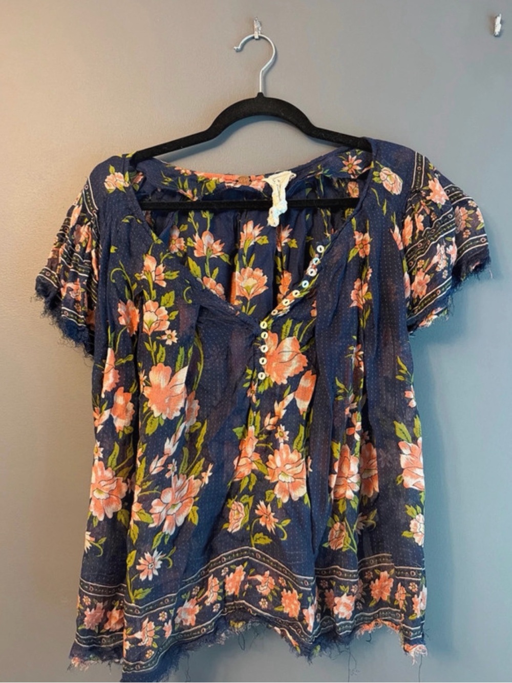 Free People Navy Floral Button-Front Boho Blouse